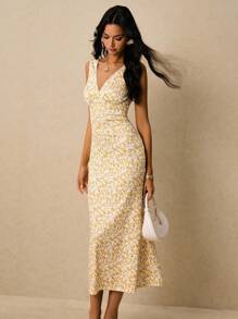 Poéselle 女式优雅夏季碎花无袖连衣裙 - 黃色 - 查看 6