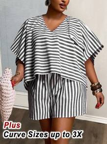 Slaydiva 2025 新款夏季休闲/通勤/旅行黑白条纹 V 领宽松短款上衣和高腰 A 字短裤两件套大码女装