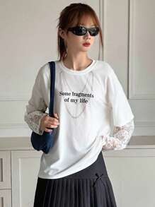 Dazy Kids 青少年女孩休闲宽松白色长袖 T 恤，二合一，秋季 - 白色 - 查看 5