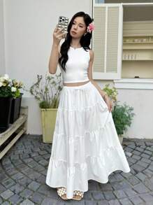 SHEIN Teen Girls Casual Comfy Round Neck Tank Top & Cake Skirt 2Pcs Outfit Set