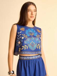 CAJUNI Women's  Vacation Bohemian Deep Blue Tropical Plant Printed Round Neck Hollow Back Casual Loose Summer Vacation Blouse, Suitable For Dating, Beach, Summer Tops,Tube Top,Crop Tops,Blusas Bonitas De Mujer,Cute Summer Tops,Basic Tops,Summer Top,Navy Blue Top,Going Out Tops Women