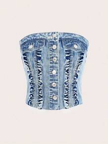 SHEIN MOD Women's Casual Single-Breasted Cropped Denim Bustier Jacket - Blue - View 1