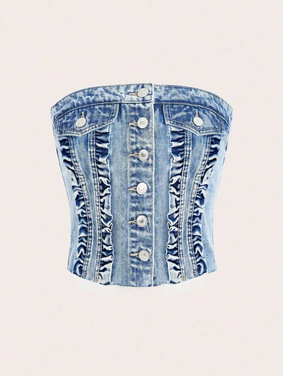SHEIN MOD Women's Casual Single-Breasted Cropped Denim Bustier Jacket - Blue - View 1
