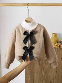 LMoss Kids 少女基本款长袖蝴蝶结开衫，宽松版型 - 卡其色 - 查看 5