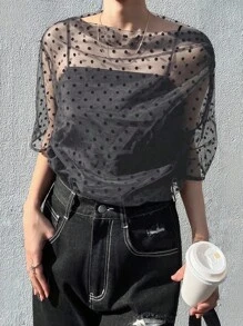 FRIFUL Women's Oblique Shoulder Draped Neck Polka Dot Flocked Body-Fitting Short Sleeve Casual Lightweight Blouse, Summer Wear Sheer Top See Through Top Mesh Shirt Polka Dot Sheer Top Sheer Blouse