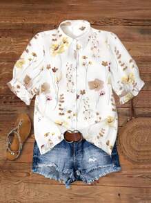 EMERY ROSE Camisa suelta con estampado floral elegante, blusa casual de manga corta para ir al trabajo