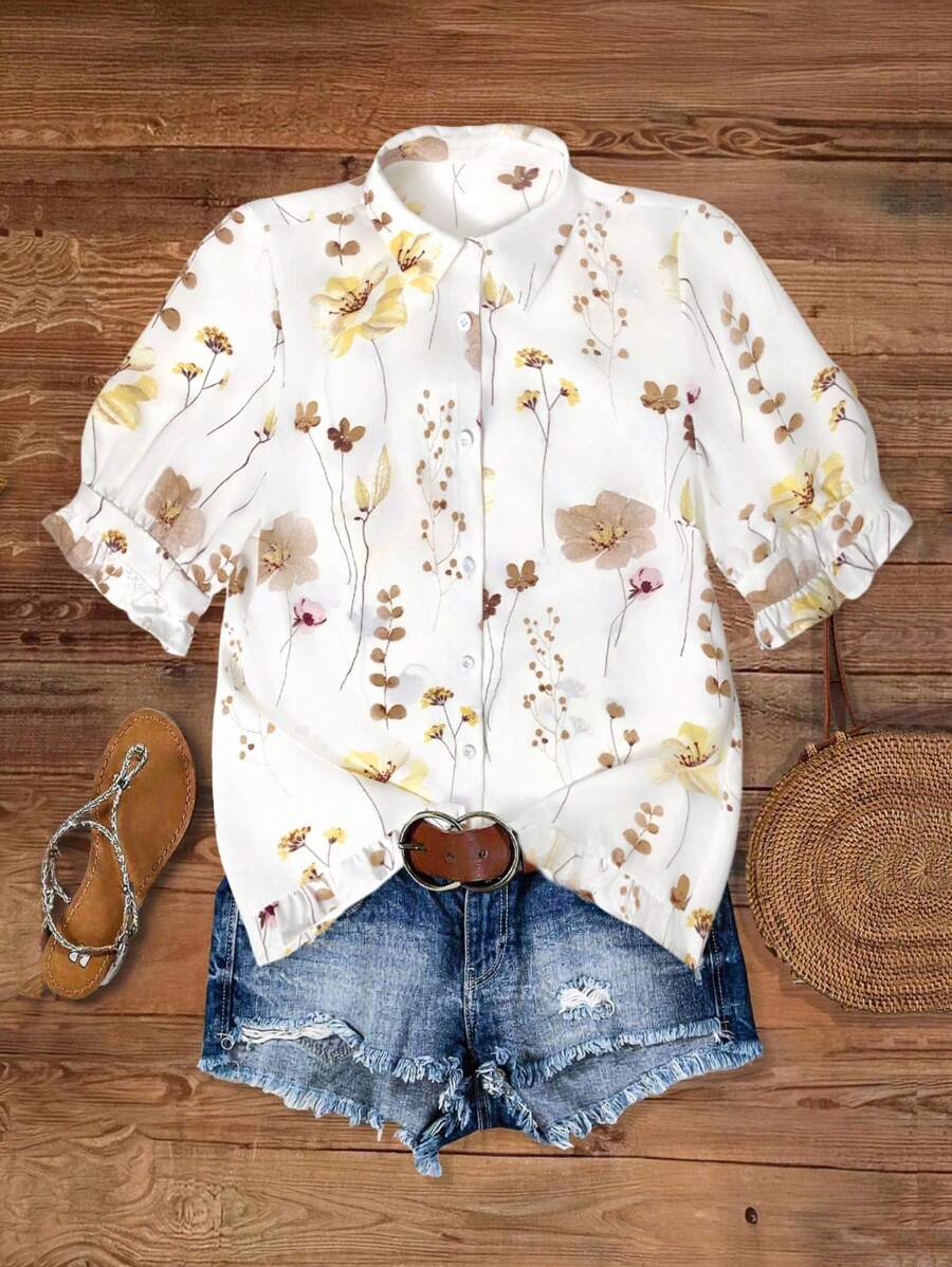 EMERY ROSE Camisa suelta con estampado floral elegante, blusa casual de manga corta para ir al trabajo