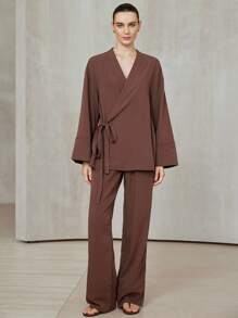 Aveloria Modichic 2pcs Set Solid Color Kimono Style V-Neck Bowknot Tie Side Long Sleeve Top And Pants Fall Cloth For Women