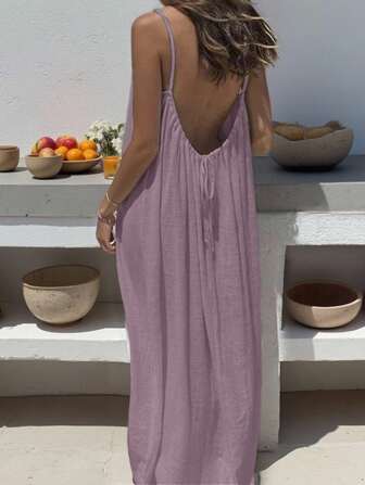 Cévolie Women's Solid Color Open Back Tie Strap Casual Loose Long Dress