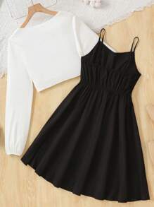 SHEIN Teen Girls White Knit Tie Bow Crop Cardigan Shrug With Solid Black Belted A-Line Long Sleeve Dress, Elegant Casual 2 Pieces Outfit Set; Back To School Academy Style Dress Set, White, Party, Holiday, Vintage, Boho, Elegant - Black and White - View 2