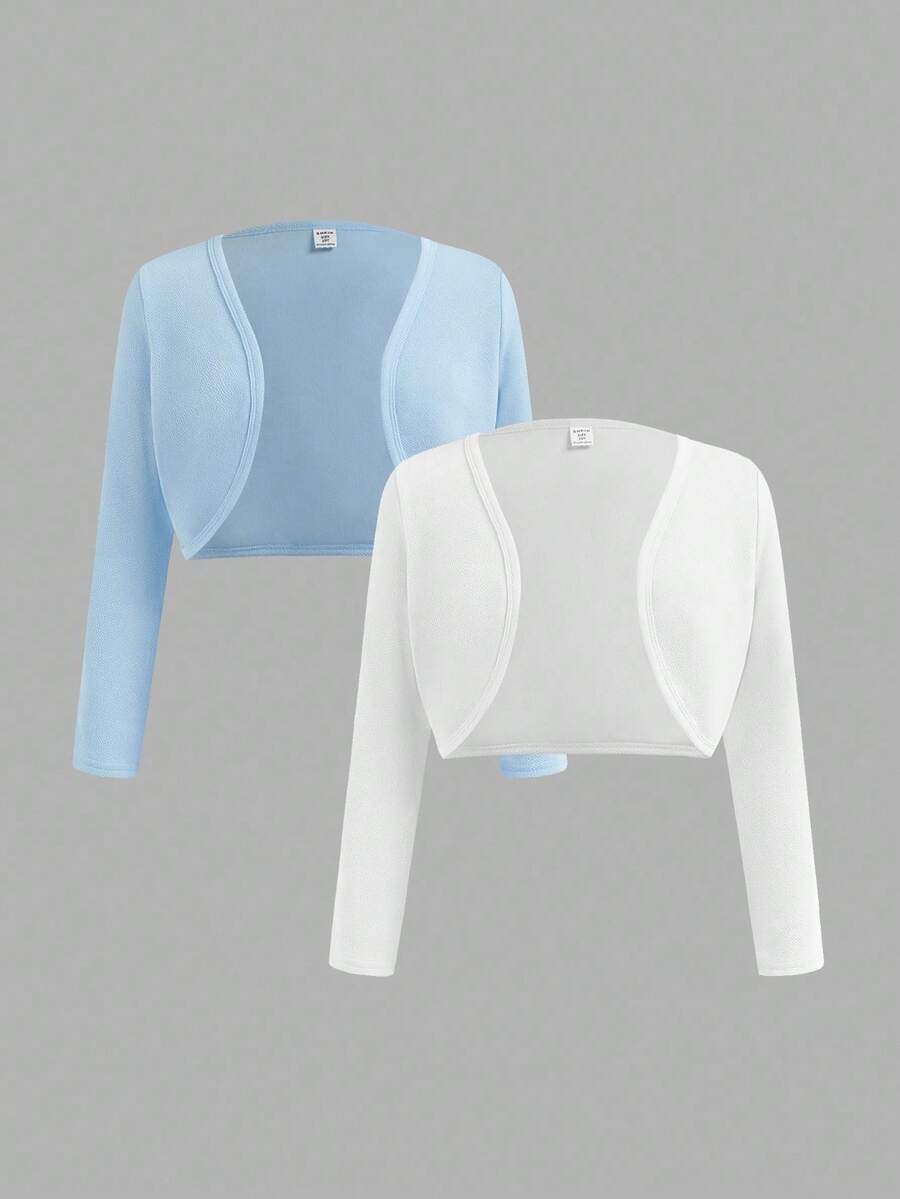 SHEIN 少女两件套休闲纯色长袖外套,适合秋冬季穿着,时尚百搭 - 藍白色 - 查看 1
