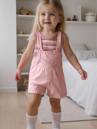 SHEIN Playful Pals 女婴休闲可爱樱桃水果图案刺绣华夫格衬衫上衣和牛仔裤两件套，2024 秋冬