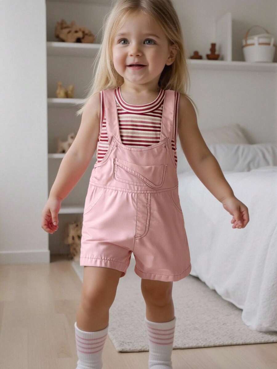 SHEIN Playful Pals 女婴休闲可爱樱桃水果图案刺绣华夫格衬衫上衣和牛仔裤两件套,2024 秋冬 - 粉色 - 查看 1