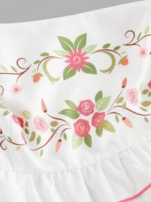 SHEIN MOD Plus Size Women Floral Print Short A-Line Cake Skirt, Cute Embroidery Layered Ruffle Hem Dress, Tie Bow Sash, - White - View 4