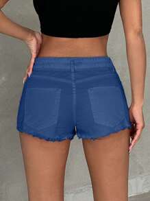 CasuGlow 100%Cotton Solid Color Frayed Hem Denim Shorts - Dusty Blue - View 2