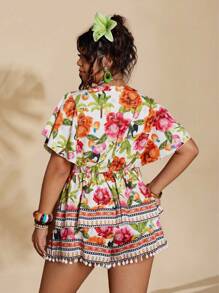 Sunserae Plus Size Women Floral Print Batwing Short Sleeve Top And Shorts 2 Pieces Set For Vacation Tropical Colorblock Floral Print Boho Fashionable Style For Summer - Multicolor - View 2