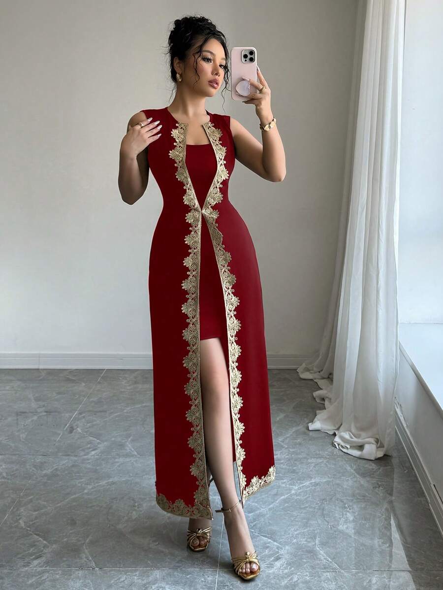 Chiquease فستان أنيق بخصر مشدود وتنورة مطبقة بتطريز دانتيل بدون أكمام، مناسب للارتداء في الربيع والصيف، ملابس صيفية للجامعة