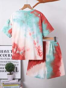 SHEIN Leap Crew Tween Boy Tie-Dye Short Sleeve T-Shirt And Shorts Suit, Holiday Set Teen Boy Summer Sets Boys Tie Dye Sets Teen Boys Outfits Summer Outfits For Teen Boys Boys Summer Clothes - Apricot - View 2