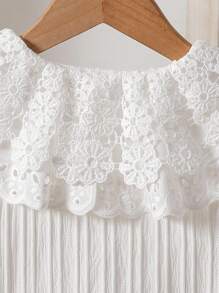 SHEIN 女孩优雅蕾丝边刺绣双层彼得潘领长袖抽绳前扣休闲公主衬衫，适合度假、旅行、派对、生日礼物、春秋、返校秋冬 - 白色 - 查看 4
