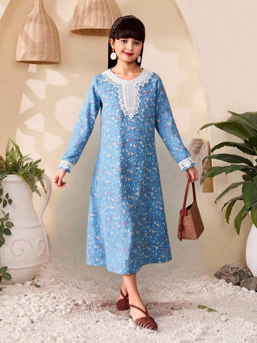 SHEIN Tween Girl 满身花朵印花长袖拼布连衣裙，休闲与度假 - 彩色 - 查看 1