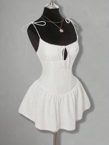 SHEIN ICON Embroidered Skater Dress A-Line Bowknot Waist Lace Panel Detail Mini Dress - White - View 5