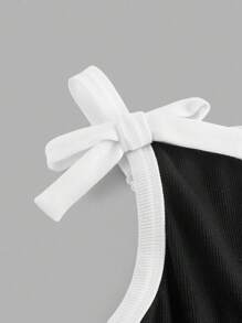 SHEIN MOD Women's Elegant Black And White Contrast Piping Bowknot Decor Waist Midi Slip Dress,Summer,Tea Party,Old Money Style,Business Professional Office Wear - Black and White - View 5
