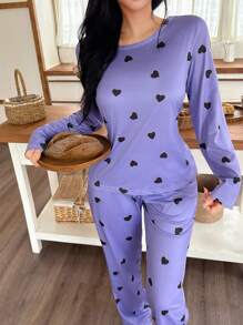 SHEIN Bộ đồ ngủ in hình trái tim màu tím, áo cổ tròn và quần dài tay, bộ đồ ngủ in hình trái tim màu tím thoải mái, bộ đồ ngủ màu hoa oải hương, quần áo thu đông - Màu tím - Xem 4