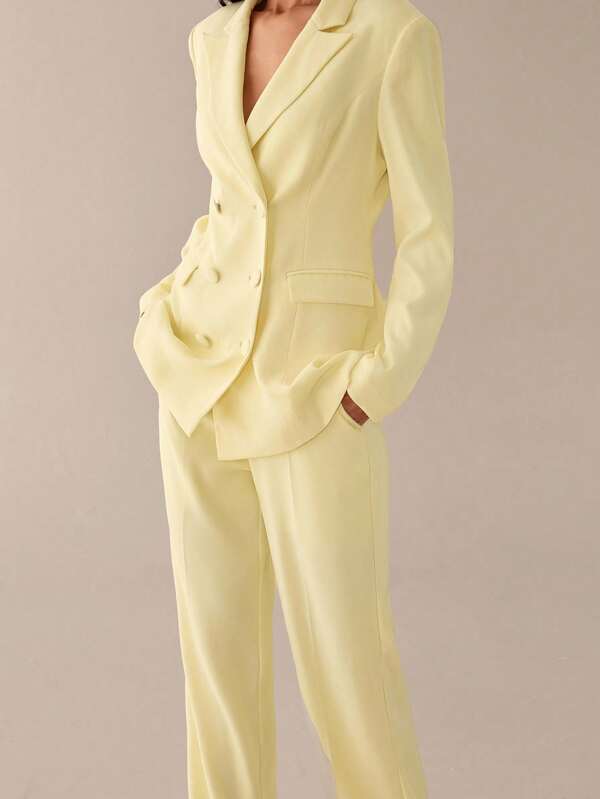 Lilora 2pcs Women's Elegant Urban Commute Casual Outfit, Includes Double-Breasted Long Sleeve Blazer Jacket And Pants With Pockets, Pale Yellow, Suitable For Autumn/Winter