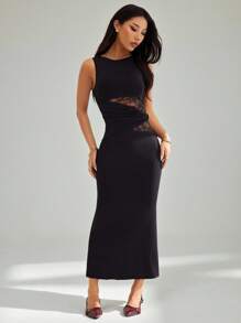 SHEIN PETITE Women's Black Elegant Lace Stitching Sincere Long Dress,Elegant Women Dresses,Party Women Outfits,New Years Women Dress,Black Women Dresses,New Years Women Outfit,New Year Party Dress - Black - View 1