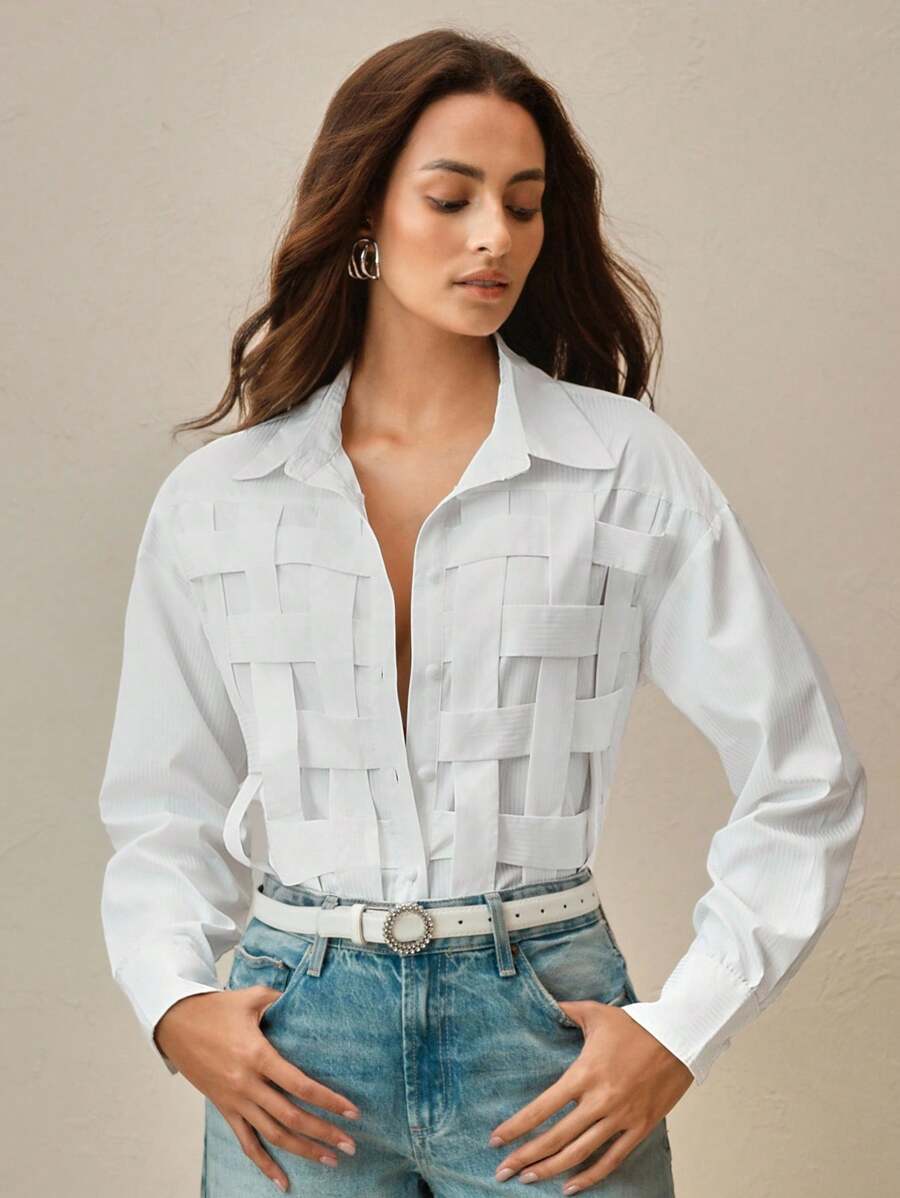 Anewsta 女士蓝色条纹格子优雅休闲宽松春夏长袖衬衫