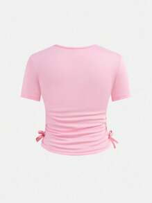 SHEIN Girlism 2pcs/Set Tween Girls Casual Crewneck Top With Waist Ruffle And Pants Outfit - Coral Pink - View 6