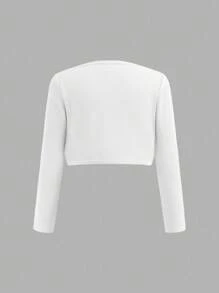 SHEIN 少女两件套休闲纯色长袖外套，适合秋冬季穿着，时尚百搭 - 藍白色 - 查看 4