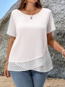 EMERY ROSE White Plus Size Casual Top With Mesh Short Sleeves And Round Neckline,Teacher Shirts - White - View 7