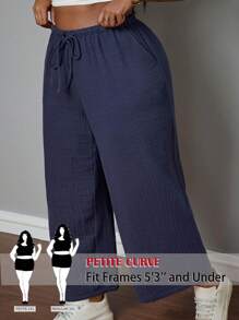 SHEIN PETITE CURVE Plus Size Solid Color Tie Front Pocket Simple Casual Pants, Daily Casual Wear