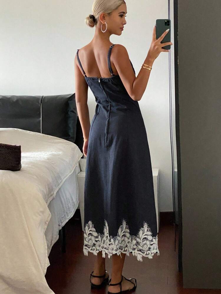 Contrast Lace Trim Fitted Waist Spaghetti Strap Dress, Casual Summer Holiday Women Denim Dress Maxi Dress