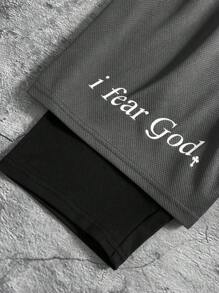 SHEIN Leap Crew 1 Stück Teenager-Jungen-Shorts mit Kreuz-Aufdruck und Slogan-Grafik, Kordelzug in der Taille, doppellagig, vielseitig, lässig, Frühling, Schulanfang - Grau - Übersicht 4