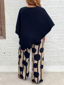 EMERY ROSE Plus Size Vacation Casual Solid Color Shirt And Striped Circle Print Pants Set - Multicolor - View 2