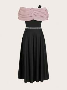 Modelyn Vestido de línea A con cuello asimétrico de color contrastante, elegante y de talla grande, para el verano - Negro - Ver 2