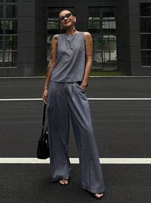 DAZY 2pcs Women's Summer Round Neck Sleeveless Denim Top With Back Tie And Loose Casual Denim Pants Set, Teenage Girls Vacation Style