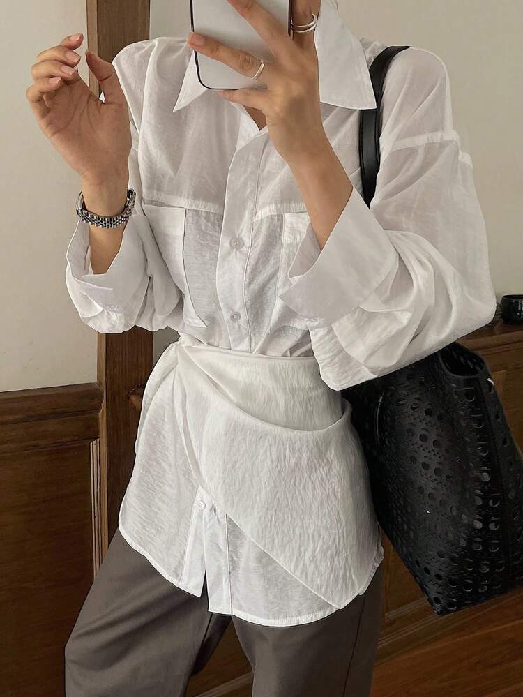 Women's Solid Color Front Button Pocket Long Sleeve Casual Shirt