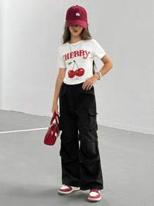 2 Stücke Set: Crop Top mit Kirsche Muster + Cargohose, für Mädchen in Große Größen