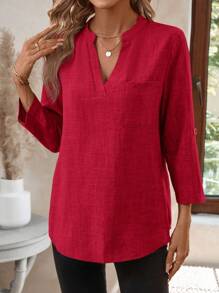 EMERY ROSE 女式缺口领 3/4 袖印花衬衫工作衬衫，春季 - 酒紅色 - 查看 3