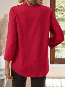 EMERY ROSE 女式缺口领 3/4 袖印花衬衫工作衬衫，春季 - 酒紅色 - 查看 6