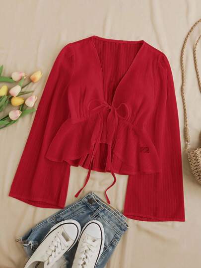 Soleia Blusa de manga larga, cuello en V, cintura con lazo y mangas y bajo acampanados de unicolor para mujeres