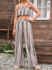 LanaWest 2pcs/Set Women Holiday All Over Print Sleeveless Camisole And Wide Leg Pants, Random Floral Pattern - Brown - View 5