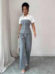 Elenzga 2件套女士成熟优雅拼色衬衫和阔腿裤套装 - 灰色 - 查看 5