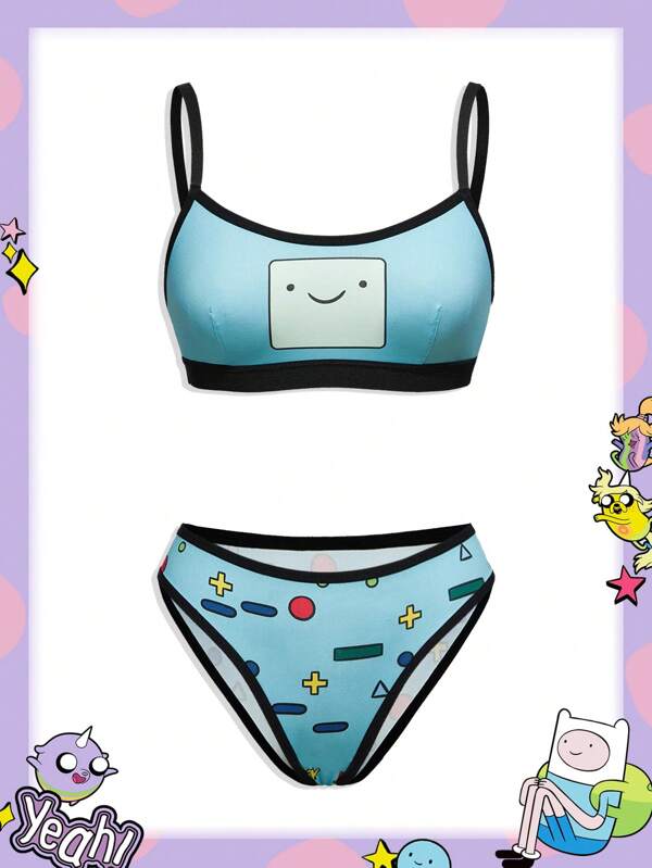 Adventure Time X ROMWE Conjunto de sujetador sin aros y pantys cómodos con gráficos de dibujos animados para mujer