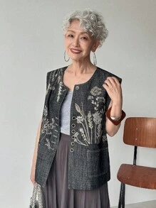 FRIFUL 女式休闲花卉刺绣前扣牛仔衬衫，夏季 - 藍色 - 查看 3