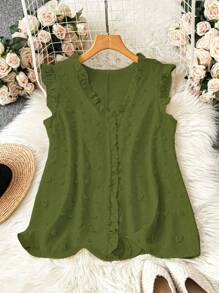 EMERY ROSE Blusa de talla grande para mujer de verano en unicolor con escote en V, adorno de volantes y mangas cortas - Verde militar - Ver 6