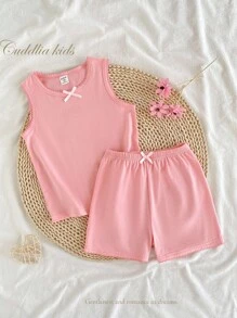 SHEIN 2pcs/Set Young GirlSweet Solid Color Simple Fashion Sleeveless Camisole Underwear & Shorts Set,Suitable For Girls Aged 4-7
